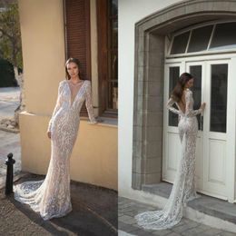 Julie Vino Mermaid Wedding Dresses Deep V Neck Lace Applique Sequins Sexy Backless Wedding Dress Long Sleeve Bridal Gowns Vestidos292i