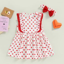 Girl Dresses 2023-12-01 Lioraitiin 0-3Years Baby Sleeveless Round Neck Ruffle Heart Print A-Lined Party Dress White Red