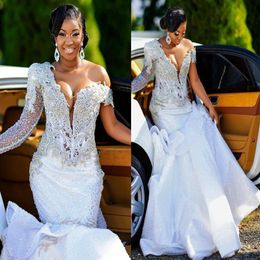 2021 Plus Size Arabic Aso Ebi Luxurious Mermaid Lace Wedding Dress Beaded Crystals Long Sleeve Sequined Sparkly Bridal Dresses Gow276x