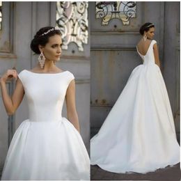 Satin A Line Wedding Dress 2019 Boat Jewel Neck Ruched Draped Cap Sleeves V Back Plus Size Custom Bridal Gowns Simple Wedding Dres2835