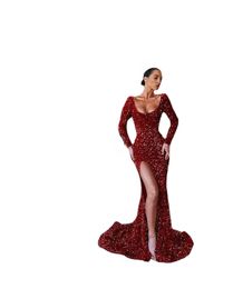 Sexy Sequined Red Prom Dresses Scoop Neck Long Sleeve Evening Gowns Party Dress Special Occasion Dresses