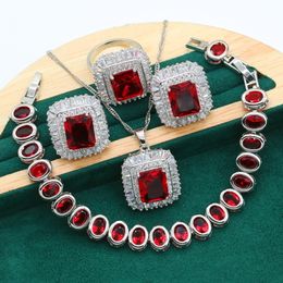 Earrings Necklace Dubai Classic Silver Colour Bride Jewellery Set for Women Wedding Red Zircon Bracelet Pendant Ring Christmas Gift 230619