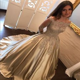Vintage Gold Lace Long Sleeves Satin Wedding Dress Sweep Train Bridal Gowns vestido de noiva WD112801298C