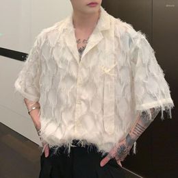 Men's Casual Shirts Men Shirt Solid Tassel Transparent Lapel Short Sleeve Tops Summer Streetwear Korean Sexy Fringe LGBT Unisex Blouse