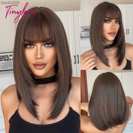 Medium Straight Synthetic Bob Wig Dark Black Brown Short Wigs With Bangs for Women Cosplay Daily Layered Hair Heat Resistant L230520