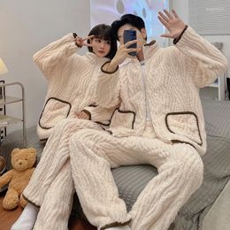 Women's Sleepwear Winter Fleece Women's Pajama Set Solid Couple 2 Piece With Pants Flannel Thick Pyjama Suit For Female 2023