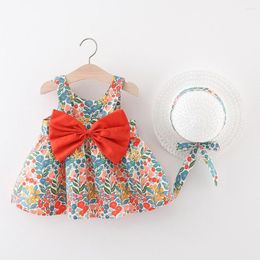 Girl Dresses Sweet 2pcs Bow Baby Girls Dress Summer Flower Sling Casual Kids Clothes Born Send Hat