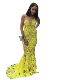 Sexy Yellow Mermaid Prom Dresses Spaghetti Lace Bandage Back Evening Gowns Plus Size Special Occasion Dress Abendkleider Party Dress