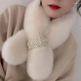Scarves Korean Faux Fur Scarf With Fake Pearls Girl Cross Furry Women Winter Fashion Thick Warm Neck Collar