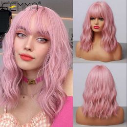 GEMMA Medium Wavy Synthetic Wig with Bangs for Black Women African American Natural Pink Bob Lolita Cosplay Heat Resistant Hair L230520