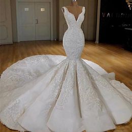 Luxury 2021 Wedding Dresses Mermaid Deep V Neck Lace Appliques Bridal Gowns Beads Long Train vestidos de novia272V