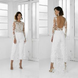White Wedding Jumpsuit Beach Wedding Dresses Jewel Neck Long Sleeve Backless Ankle Length Wedding Gowns Custom Made Illusion Brida183Z