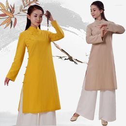 Ethnic Clothing Chinese Traditional Long Coat Jackets Women Cotton Linen Hanfu Robe Ladies Taoist Elegant Zen Wushu Loose Dress