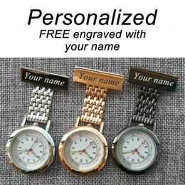 Pocket Watches Personalised Your Name Engraved Pin Brooch BIG Count Pluse Metre Dial Luminous Hand Top Quality Stainless Fob Nurse Pocket Watch 230619