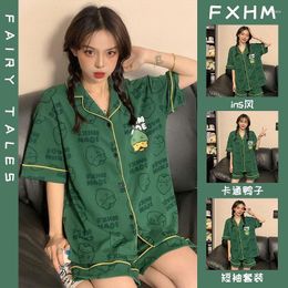 Women's Sleepwear Green Duck Summer Japanese Kimono Two-piece Set Ladies Crepe Pyjamas Short Sleeve Trousers Loose Home Wear