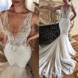 Arabic Sexy Lace Beaded Wedding Dresses Deep V Neck Mermaid Bridal Dresses Vintage Cheap Wedding Gowns260L