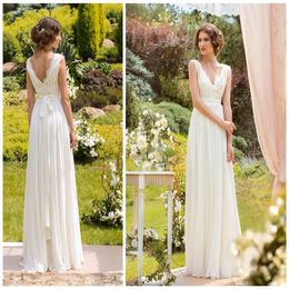 2019 Sexy Bohemian Wedding Dresses Chiffon and Lace Beach Garden Bridal Gowns with V Neck V Back Floor Length Custom Made New3008