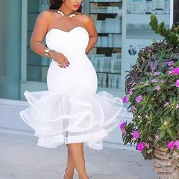 2019 White Plus Size Mermaid Wedding Dresses Sweetheart Sleeveless Bridal Gowns Tea-Length Tiered Ruffle Custom Made Wedding Dress175B