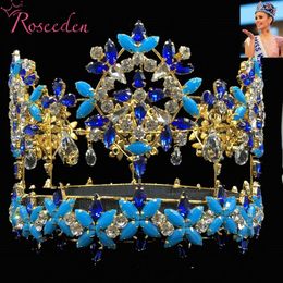 Hair Clips Barrettes Baroque Full Round Miss World Crown Tiara With Blue Crystal s Princess Queen RE3021 230619