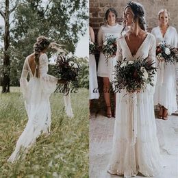 Boho Bohemia Full Lace Wedding Dresses Backless Long Sleeves Custom Made Bridal Gowns Vestido De Novia251T