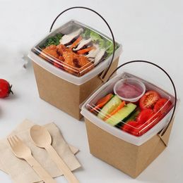 Disposable Fast Food Boxes Kraft Paper Lunch Box with Handle Dogget Packaging Snack Box Takeout Containers A0619