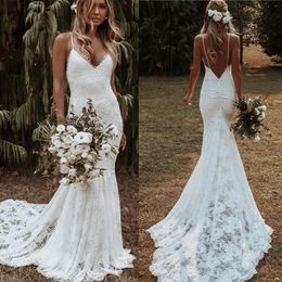 Bohemian Mermaid Wedding Dresses 2021 Backless Lace Applique Beach Country Spaghetti Straps Bridal Gowns Vestido De Noiva250Y