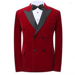 Men's Suits Red Velvet Prom Men For Wedding With Double Breasted Peaked Lapel 2 Piece Groom Tuxedo Male Set Blazer Black Pants Fashion