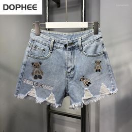 Womens Jeans Rhinestone Cartoon Bear Patch Women Denim Shorts 2023 Summer All-match Net Red Ripped Jean Wide Leg Students