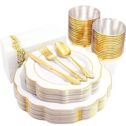 Disposable Take Out Containers 70 Pieces Tableware White and Gold Plastic Dinner Plate Silverware Cup Napkin Christmas Party Decorations 230619