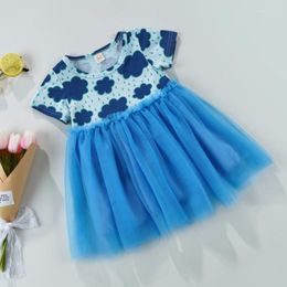 Girl Dresses Toddler Short Sleeve Tutu Dress Kids Clouds Printed Patchwork Mesh Tulle Princess With Lined