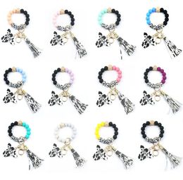 Party Silicone Cursive Cow Bead Bracelet Wood Disk Bracelet Keychain Cow Tassel Ox Head Wrist Key Ring Charm Pendant Accessory