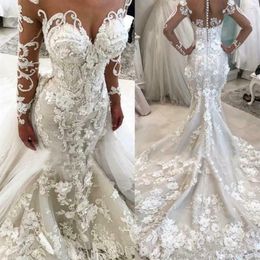 Vintage 3D Flowers Mermaid Wedding Dresses With Detachable Train Luxury Long Sleeves Lace Appliques Plus Size Plus Size African Br201q