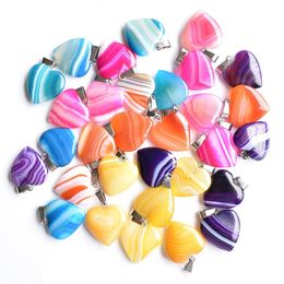 Lots Natural Stone Stripe Agate Heart Pendants Fashion Healing Charms Necklace Making Accessories Wholesale
