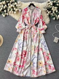 Casual Dresses Autumn Gorgeous Flower Maxi Dress Women's Stand Collar Long Sleeve Single Breasted Floral Print Loose A Line Belt Robe