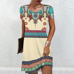 Casual Dresses Vintage Women's Summer Ethnic Style Short Sleeve Tops Fashion Loose A-Line Skirt Elegant Lady Vacation 2023