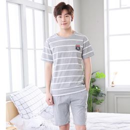 Men's Sleepwear Man Pyjamas Summer Thin Short Sleeve Shorts Striped Male Enlarge Code Middle Age Pure Cotton Youth Home Furnishing Suit