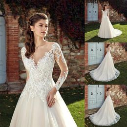 Eddy K 2019 Wedding Dresses Jewel Long Sleeves Lace Appliques Garden Bridal Gowns Button Back Sweep Train Country A-Line Wedding D298I