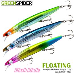 Baits Lures GREENSPIDER Long Flash Blade 16.3cm32g Fishing Minnow Flash Lures Floatng Sea Bass Lure Bait Hard Floating Wobblers Crankbait 230619