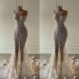 2021 New Crystal Mermaid Wedding Dresses See Through Lace Appliqued Bridal Gowns Luxurious Sequined Dubai Wedding Dress Customise233n