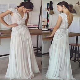 vintage lace beaded wedding dresses 2017 simple A-line v neckline v backless sweep train bridal gowns238h