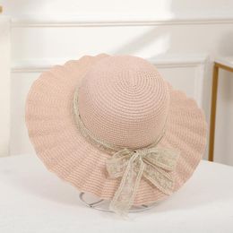 Wide Brim Hats 2023 Summer Lace Bow Straw Hat Sweet Temperament Ruffled Visor For Women