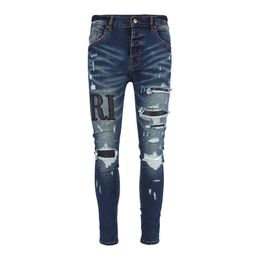 Men's Jeans Street Fashion Men Dark Blue Elastic Ripped Stretch Skinny Trousers Brand Patch Designer Hip Hop Pants Hombre 230619