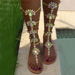 Sandals Summer Women Flats Boots Flip Flops Sandals Gladiator Gold Rhinestone Knee High Strap Thin Leg Crystals Beach Super Nice Shoes T230619