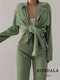 Women's Two Piece Pants KONDALA Sexy Solid Suit Pieces Outfits Office Lady Long Sleeve Lapel Jacket Suits 2023 Women Casual Wide Leg