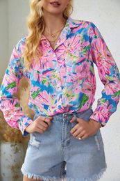 Wholesale Abstract Floral Print Button Up Polyester Long Sleeve Tops Shirts For Women