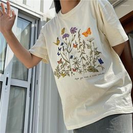 Women's T Shirts Deeptown Korean Fashion Floral Print Beige T-shirts Women Streetwear Kpop Short Sleeve Tees Casual Harajuku Oversize Loose
