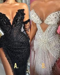 Wunderschönes Meerjungfrau-Abschlussballkleid mit V-Ausschnitt, ärmellos, massive Perlen auf Tüll, seitliche Schlitzfalten, Hofkleid, maßgeschneidertes Partykleid in Übergröße, Vestido De Noite