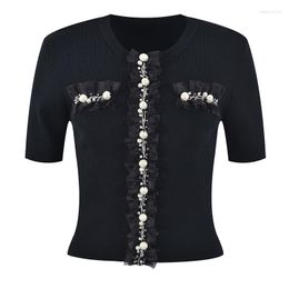 Women's Sweaters Pearls Beading Diamonds Short Sleeve Sweater Women O-Neck White Black Knitted Pullover Tops 2023 Summer