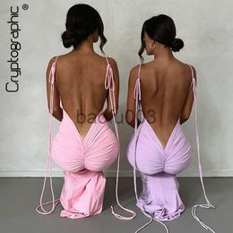 Casual Dresses Cryptographic Spaghetti Strap Sexy Backless Maxi Dress Outfits Women Elegant Birthday Vestido Summer Club Party Ruched Dresses J230619