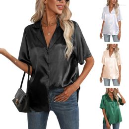 Women's Blouses Womens -Silk Shirts Button Down Casual Loose Short Sleeve Office Work Tunics Tops P8DB